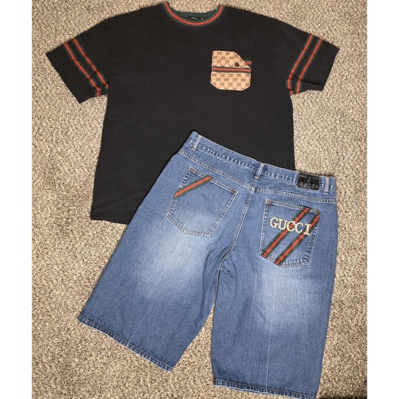 Gucci Other - Vintage Gucci Set Mens 42 Denim Shorts & 4XL T Shirt Relaxed Fit Logo Stripe